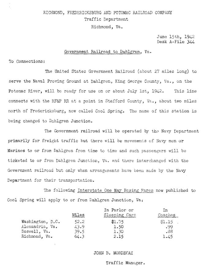 the US Navy opened the Government Railroad in 1942, with a connection to the Richmond, Fredericksburg and Potomac Railroad at Dahlgren Junction