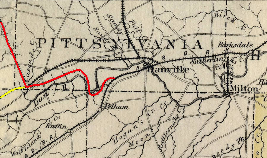 Danville & Western Railway track towards Stuart (red) and the Danville, Mocksville & Southwestern Railroad track towards Leakesville (yellow)