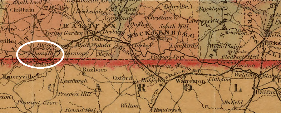 in 1855, Virginia rail lines connected Petersburg to eastern North Carolina, but the Richmond and Danville Railroad did not extend south from Danville