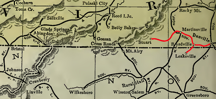 the Danville and New River Railroad and many other railroads in the Piedmont were never extended west across the Blue Ridge