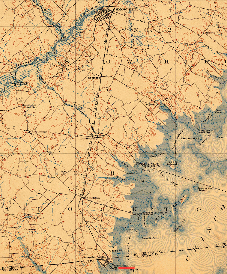 after 1883, Franklin City was served by the Delaware, Maryland and Virginia Railroad