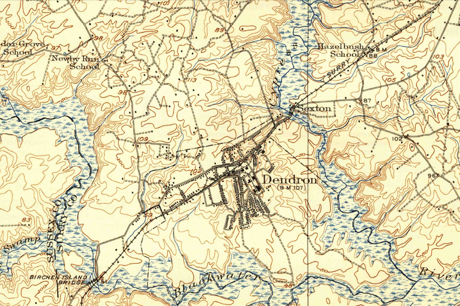 the Surry, Sussex and Southampton Railway was built to transport raw timber to mills at Dendron, then ship finshed products to market