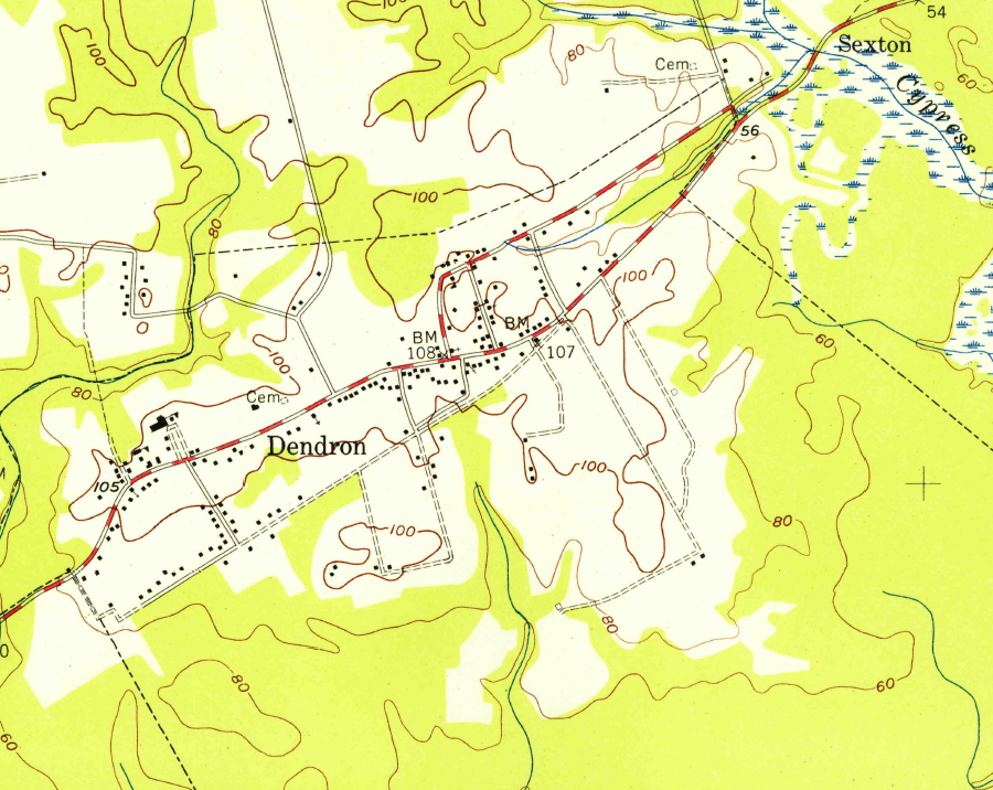 in 1954, the US Geological Survey (USGS) showed no evidence of the former mills and railroad at Dendron