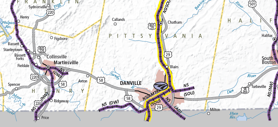 portions of the former Danville & Western Railway (Dick and Willie) are still used, but are no longer connected between Danville and Martinsville