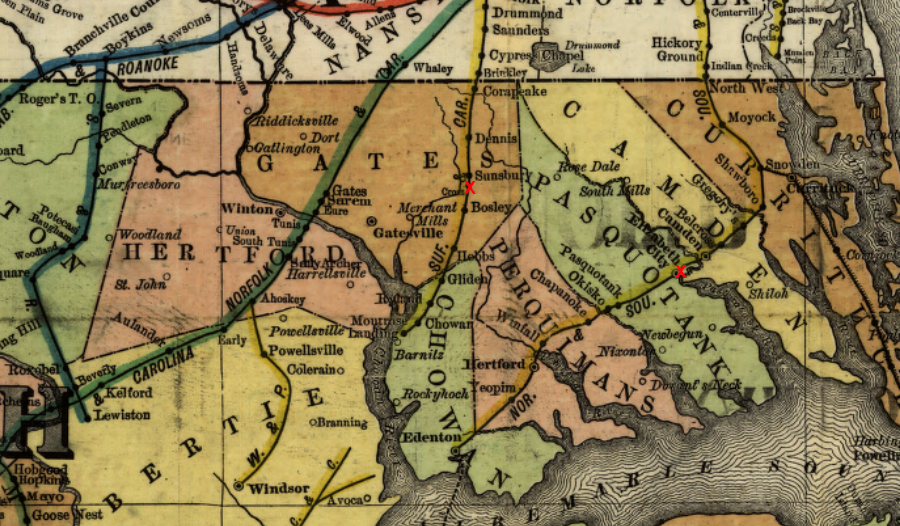 the Suffolk & Carolina Railway and the original Norfolk Southern Railroad lacked a connection in 1900, but in 1904 built a 25-mile branch connecting the red X's on map