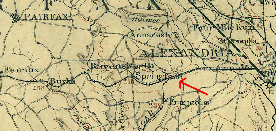 in 1872, the Richmond, Fredericksburg, and Potomac Railroad line was built parallel to the old Orange and Alexandria line, just west of Alexandria in modern Eisenhower Valley