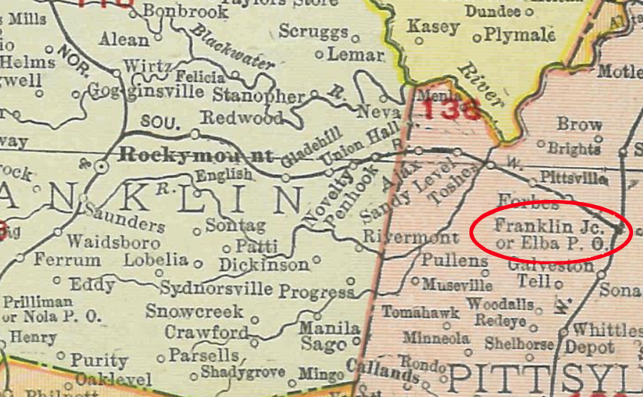 the eastern terminus of the Franklin and Pittsylvania Railroad was knows as Franklin Junction as well as Elba in 1913