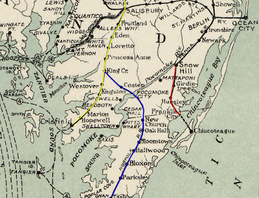 the Delaware, Maryland and Virginia Railroad (red) linked Snow Hill to Chincoteague Bay before the the New York, Philadelphia and Norfolk Railroad acquired the Eastern Shore Railroad (yellow) and built south (blue)