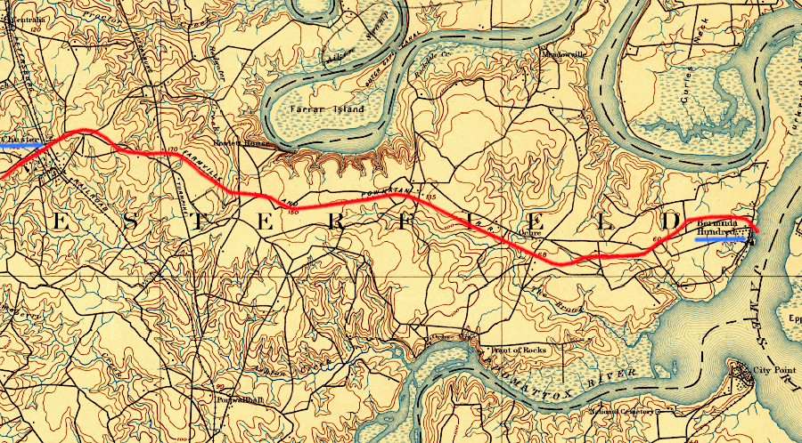 the Farmville & Powhatan Railroad built track to Bermuda Hundred, after the wharf near Osborne's Landing was rendered useless by Dutch Gap Canal in 1881
