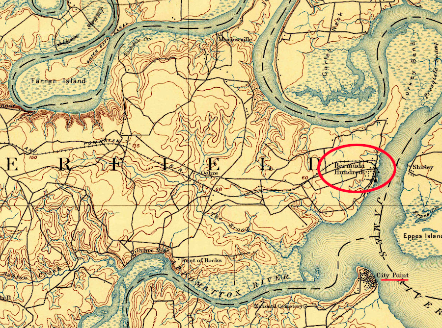 in 1894, the Farmville & Powhatan Railroad port was upstream of the port accessed by the Petersburg and City Point Branch of the Norfolk and Western Railroad