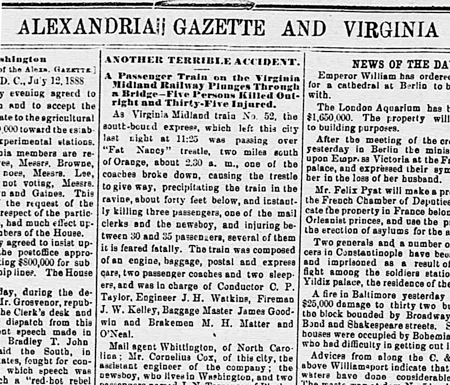 when the embankment collapsed and the passenger train at Thaxton slid into Wolf Creek on July 2, 1889, 18 people died