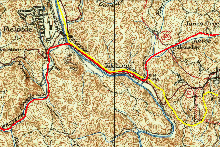 the Danville & Western Railway (red) and the Norfolk and Western Pumpkin Vine (yellow) crossed west of Martinsville