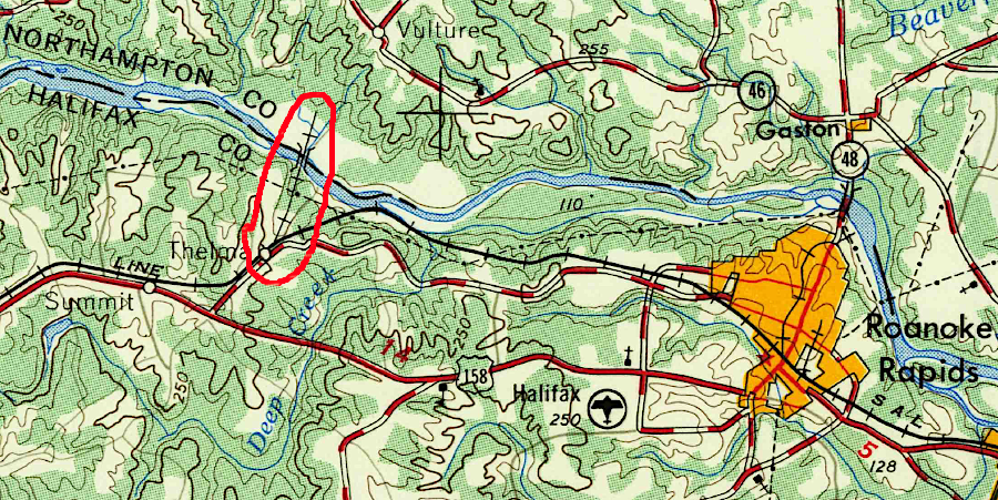the Roanoke Railway built north from Thelma, North Carolina across the Roanoke River into Brusnwick County, Virginia