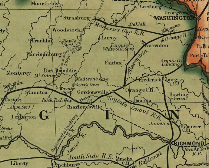 the route planned for the Fredericksburg and Gordonsville Railroad