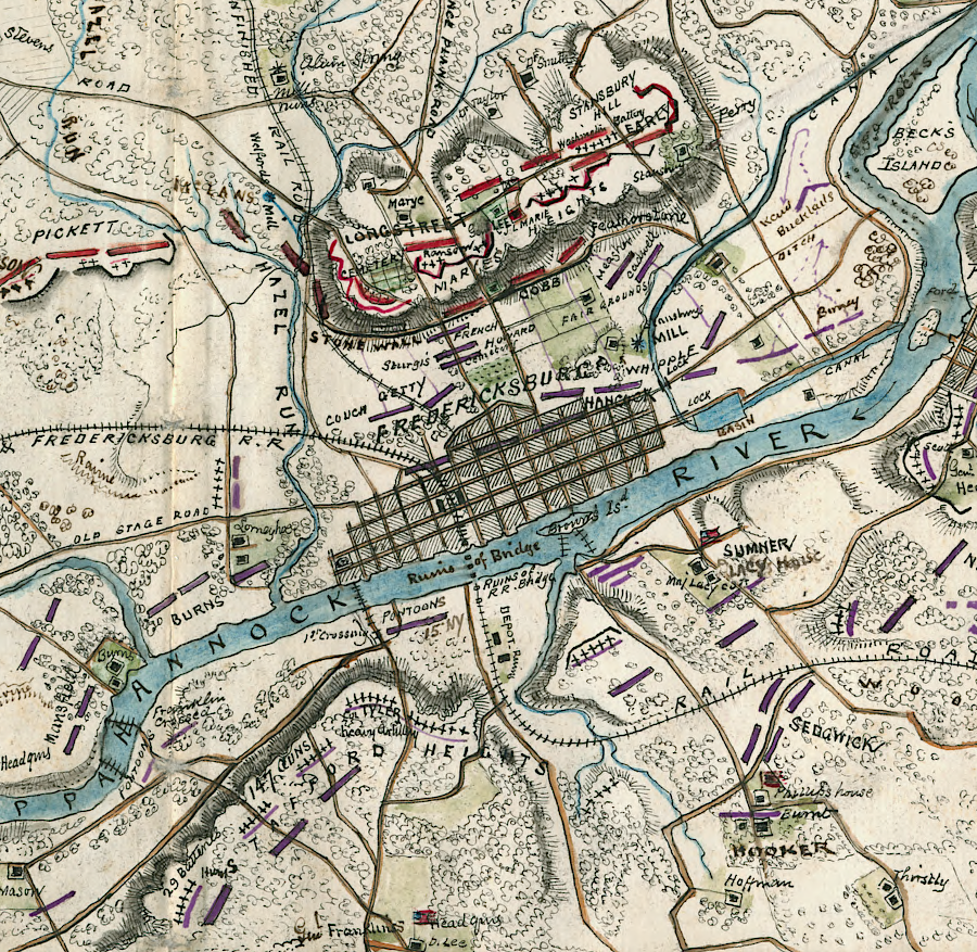General Burnside's Fredericksburg offensive in 1862 required building pontoon bridges because older bridges had been destroyed