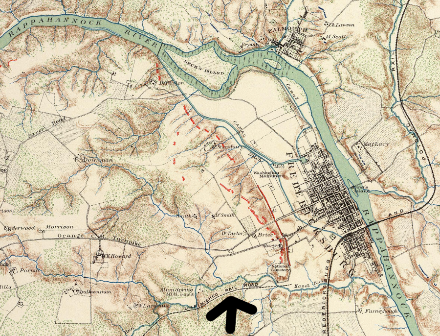 the planned railroad linking Fredericksburg and Gordonsville was graded but unfinished prior to the Civil War