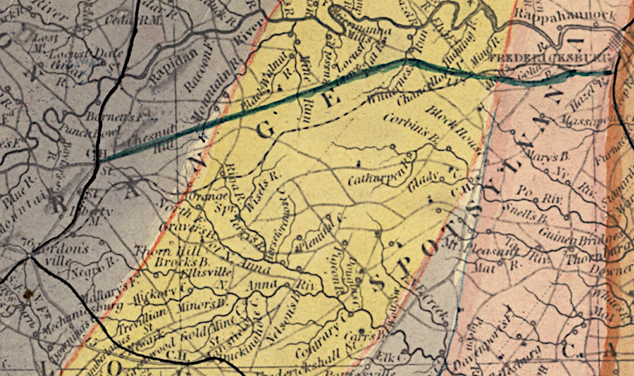 in 1862, the Fredericksburg and Gordonsville Railroad was mapped as a plank road (green line) rather than as a railroad (black lines)