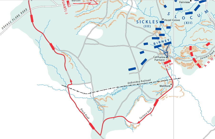 to attack Hooker's right flank at Chancellorsville, Stonewall Jackson marched his troops on Furnace and Brock roads because the railroad path was too narrow