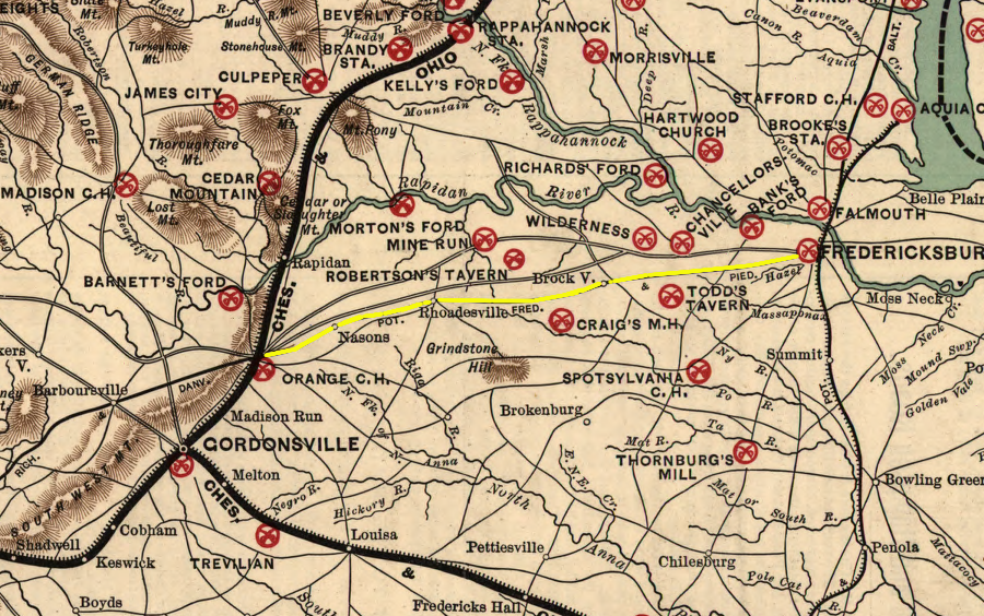 in 1895, the Fredricksburg and Gordonsville Railroad provided rail service between Fredericksburg and Orange (but not to Gordonsville)