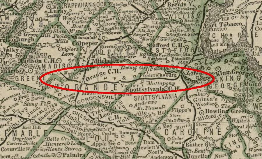 in 1879, Fredericksburg had a railroad connection to Orange Court House in the Piedmont