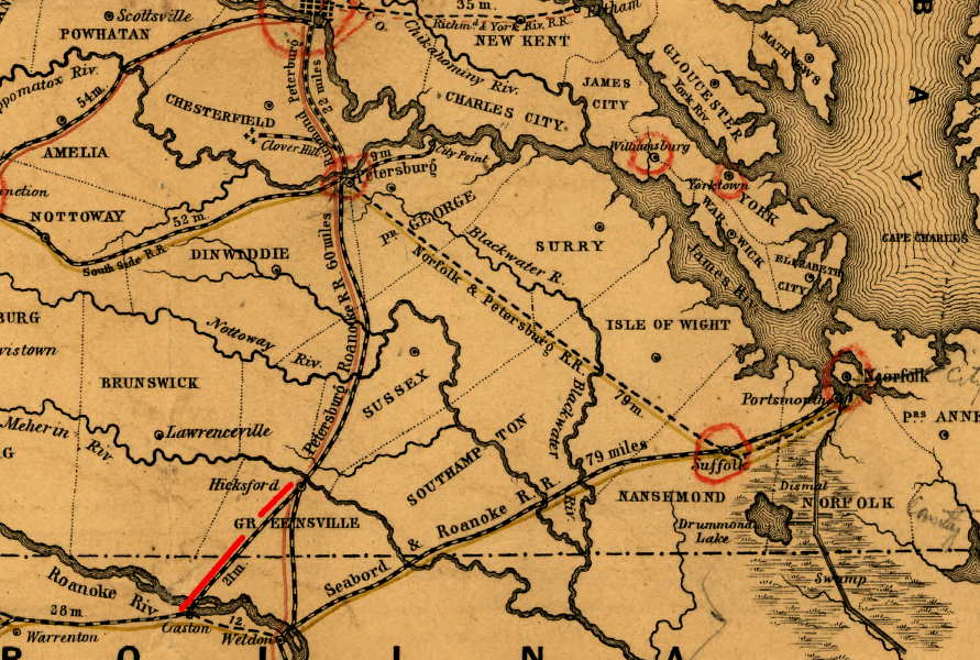 the Petersburg Railroad built a branch line from Hicksford (later part of Emporia) to the Roanoke River at Gaston (now Thelma, North Carolina)