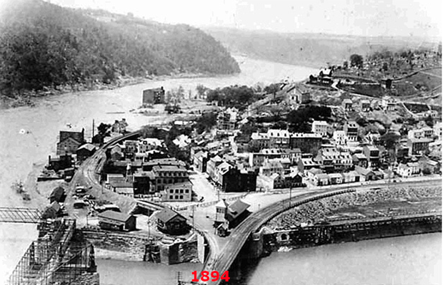 the piers of the 1839/1870 bridges supported a vehicle/pedestrian bridge (on left) after the 1894 bridge was completed, until a 1936 flood left just the piers