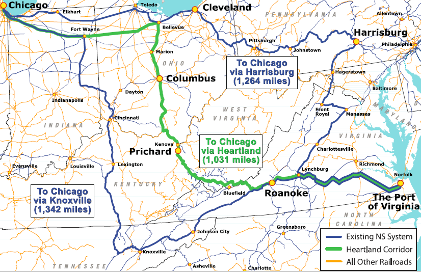 route of Heartland Corridor, reducing costs to ship by rail from Norfolk to Chicago