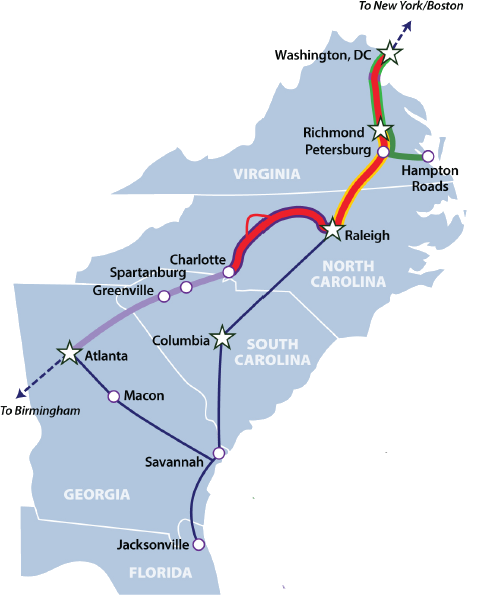 studies are scheduled at different times to examine the costs and environmental impacts of a high-speed rail corridor, with the initial focus to link Washington to Charlotte and Hampton Roads (and the potential to connect to Atlanta and even Jacksonville)