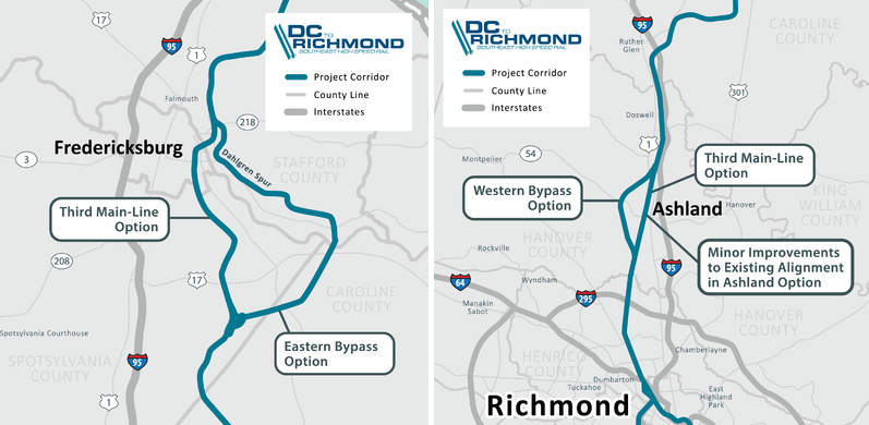 new rail bypasses east of Fredericksburg and west of Ashland were proposed as alternatives to building new track and routing high speed passenger trains through the center of those communities