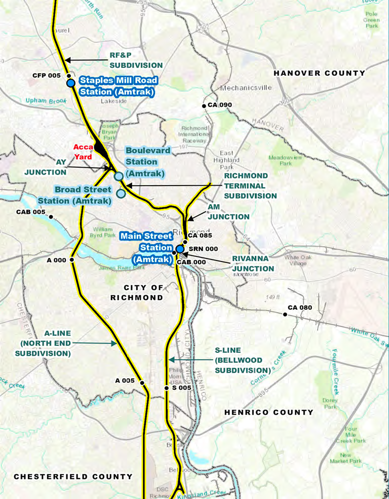 determining the location of the passenger station in Richmond involves trade-offs between servicing downtown Richmond vs. speeding trains through the bottleneck of Acca Yard