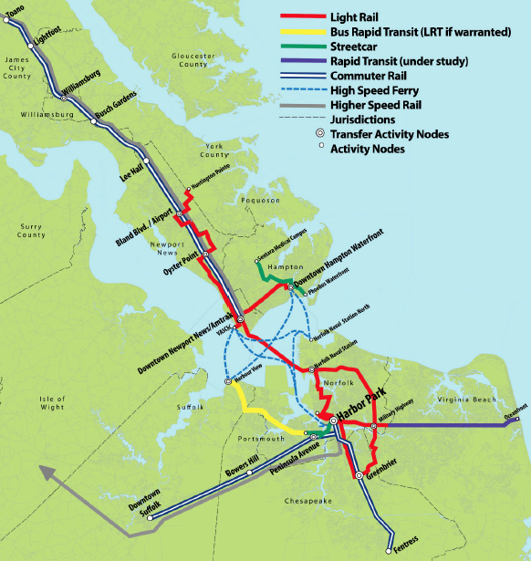 Hampton Roads vision for transit systems to link urban areas, including a light rail line crossing the mouth of the James River