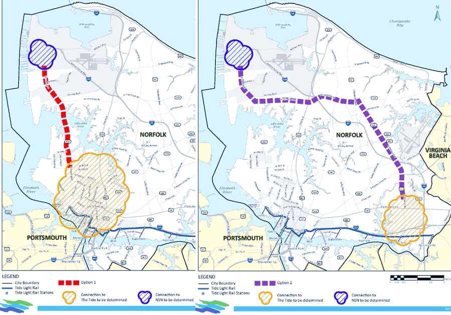 Hampton Roads Transit examined two main options for extending The Tide to Norfolk Naval Station