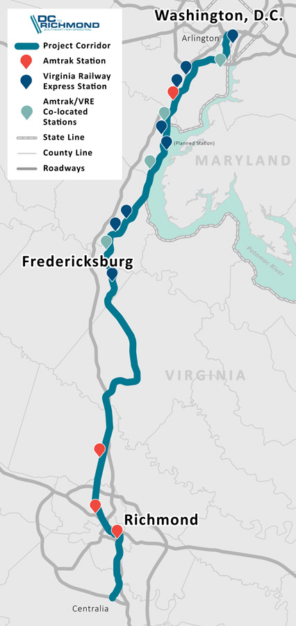 plans to implement high-speed rail between Washington, DC and Richmond are based on using the existing CSX rail right-of-way