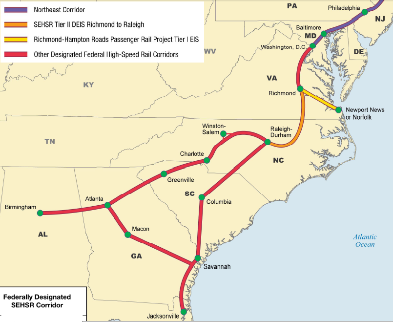 Virginia seeks to extend the Southeast High Speed Rail (SEHSR) corridor to Hampton Roads