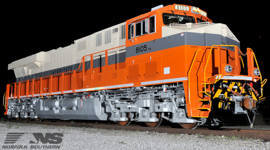 the Interstate Railroad used an orange paint scheme, as shown on one locomotive that Norfolk Southern painted in 2012 to honor its 30th anniversary