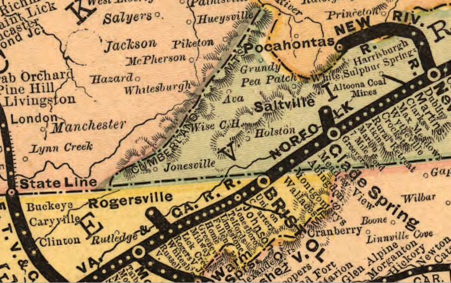 in 1882, the Norfolk and Western (N&W) railroad was building up the New River into the Pocahontas coal fields, not northwest from Bristol into Wise County