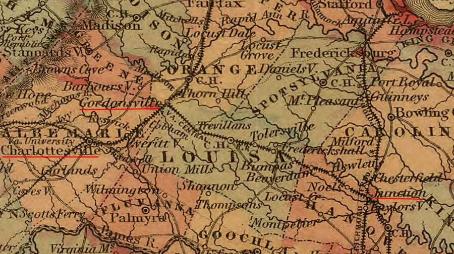 the Virginia Central Railroad intersected with the Richmond, Fredericksburg, and Potomac Railroad at Hanover Junction, and with the Orange and Alexandria Railroad at both Gordonsville and Charlottesville