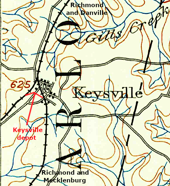 the depot in Keysville was built inside the junction of the tracks of the Richmond and Danville and the Richmond and Mecklenburg railroads