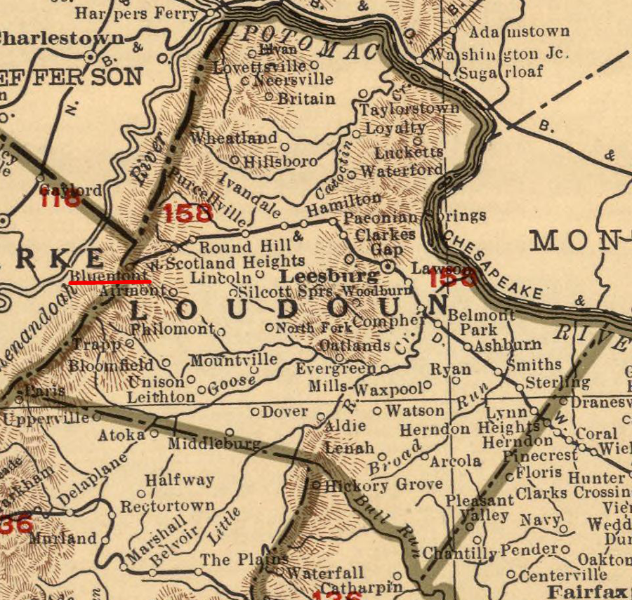 in 1900 the Southern Railway extended the old Alexandria, Loudoun, and Hampshire Railroad to Snickersville and the town was renamed Bluemont to encourage tourism, but railroad tracks were never pushed west across the Blue Ridge to Winchester (much less Hampshire County)