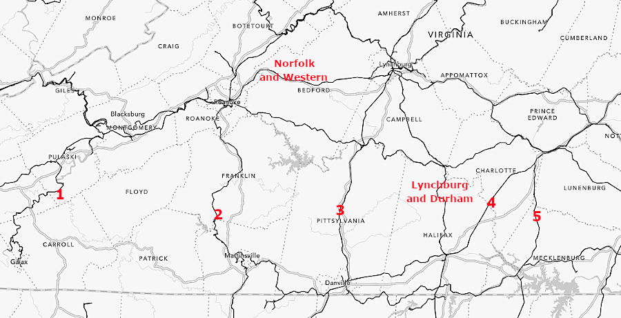 the Lynchburg & Durham Railroad completed the north-south links from the Norfolk and Western to North Carolina (1=New River Plateau Railroad Company/Cripple Creek Extension; 2=Roanoke & Southern Railway/Pumpkin Vine; 3=Lynchburg and Danville; 4=Richmond and Danville, 5=Richmond and Mecklenburg)