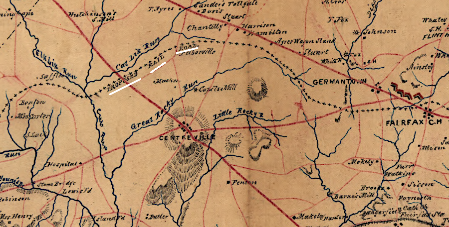 the Independent Line of the Manassas Gap Railroad was planned to run to Fairfax Courthouse, then westward north of Centreville