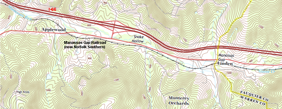 Manassas Run and Goose Creek eroded a gap through the Blue Ridge, and the Manassas Gap Railroad took advantage of that topographic low point