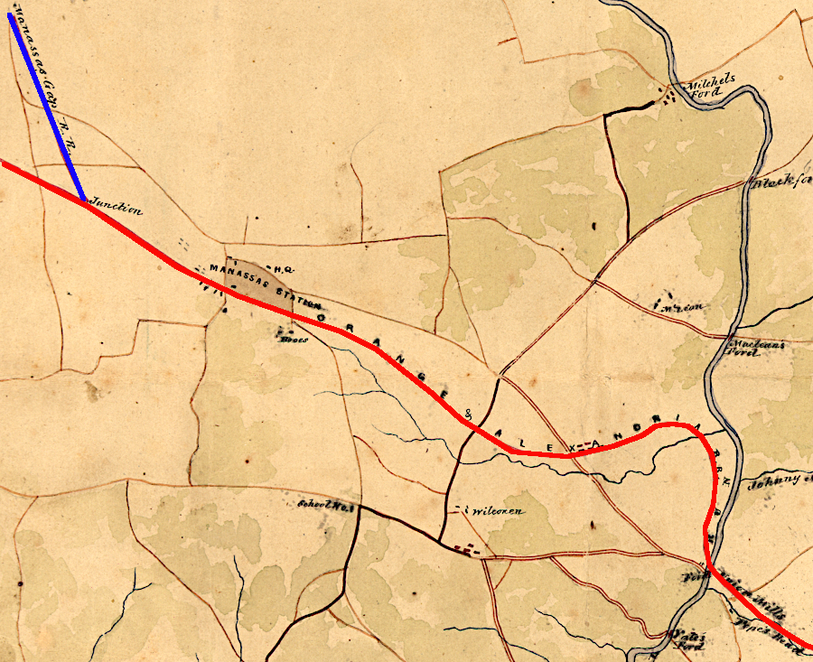 Manassas Gap (blue) and Orange and Alexandria (red) railroads in 1860