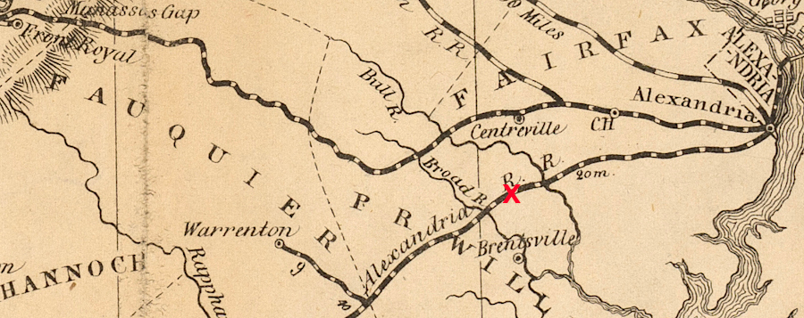 the Manassas Gap Railroad did not plan a permanent connection to the Orange and Alexandria Railroad, but did start construction using a temporary junction at Tudor Hall (red X)