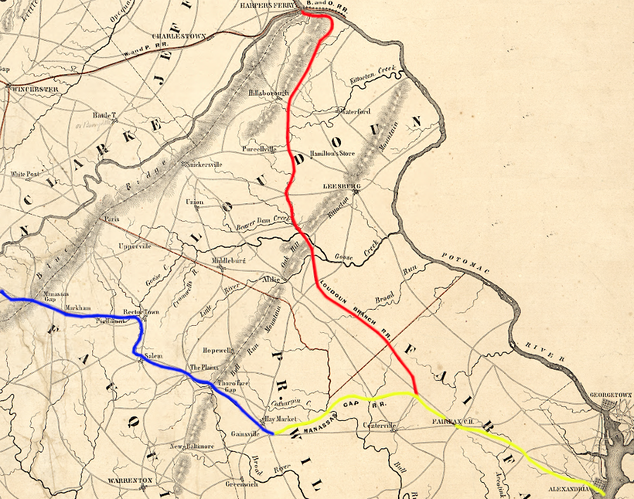 the Manassas Gap Railroad built track as planned west of Haymarket (blue), but planned track from Alexandria (yellow) with a branch to Harpers Ferry (red) was never completed