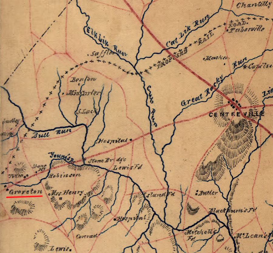 the unfinished portion (black X's) of the Independent Line of the Manassas Gap Railroad near Groveton was a key feature in the Second Battle of Manassas in 1862