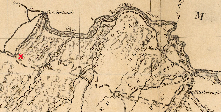the Manassas Gap Railroad planned to build west from Winchester to capture coal and timber traffic from Westernport, Maryland (red X)
