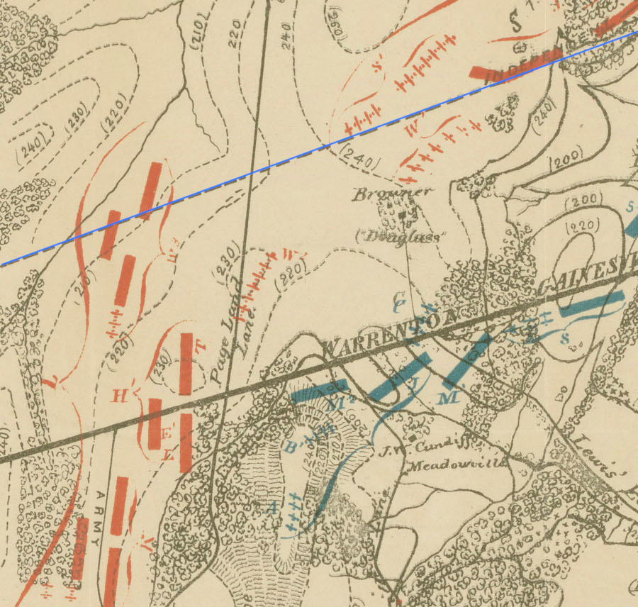 Confederate (red) and Union (blue) forces fought along the unfinished portion (blue line) of the Independent Line of the Manassas Gap Railroad in August, 1862