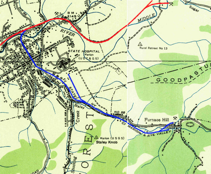 in 1935, the Marion and Rye Valley Railway ran from the Norfolk and Western Railway at Marion to Furnace Hill