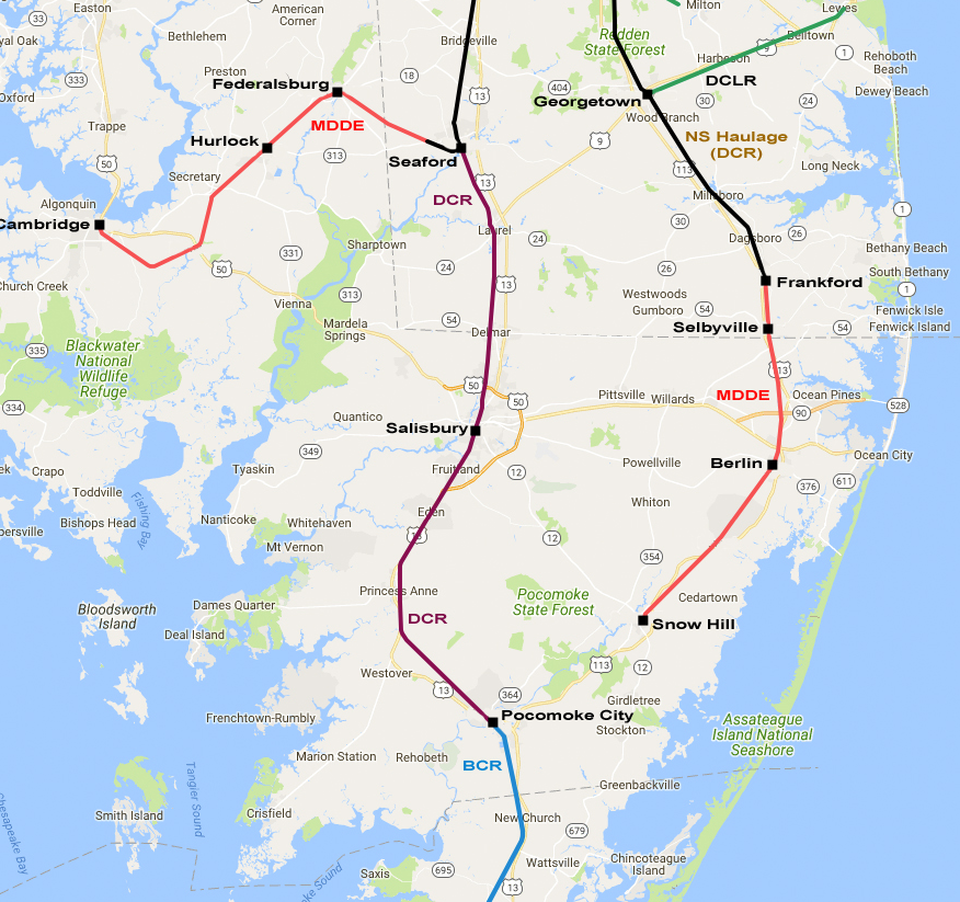 the modern railroad map of Delmarva shows how two parallel tracks were built from Delaware towards the south